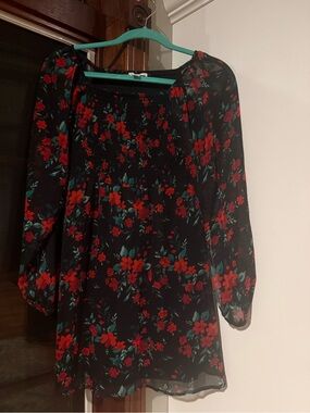 Girls' Black Floral Smocked Casual Dress with Red Blossom Print